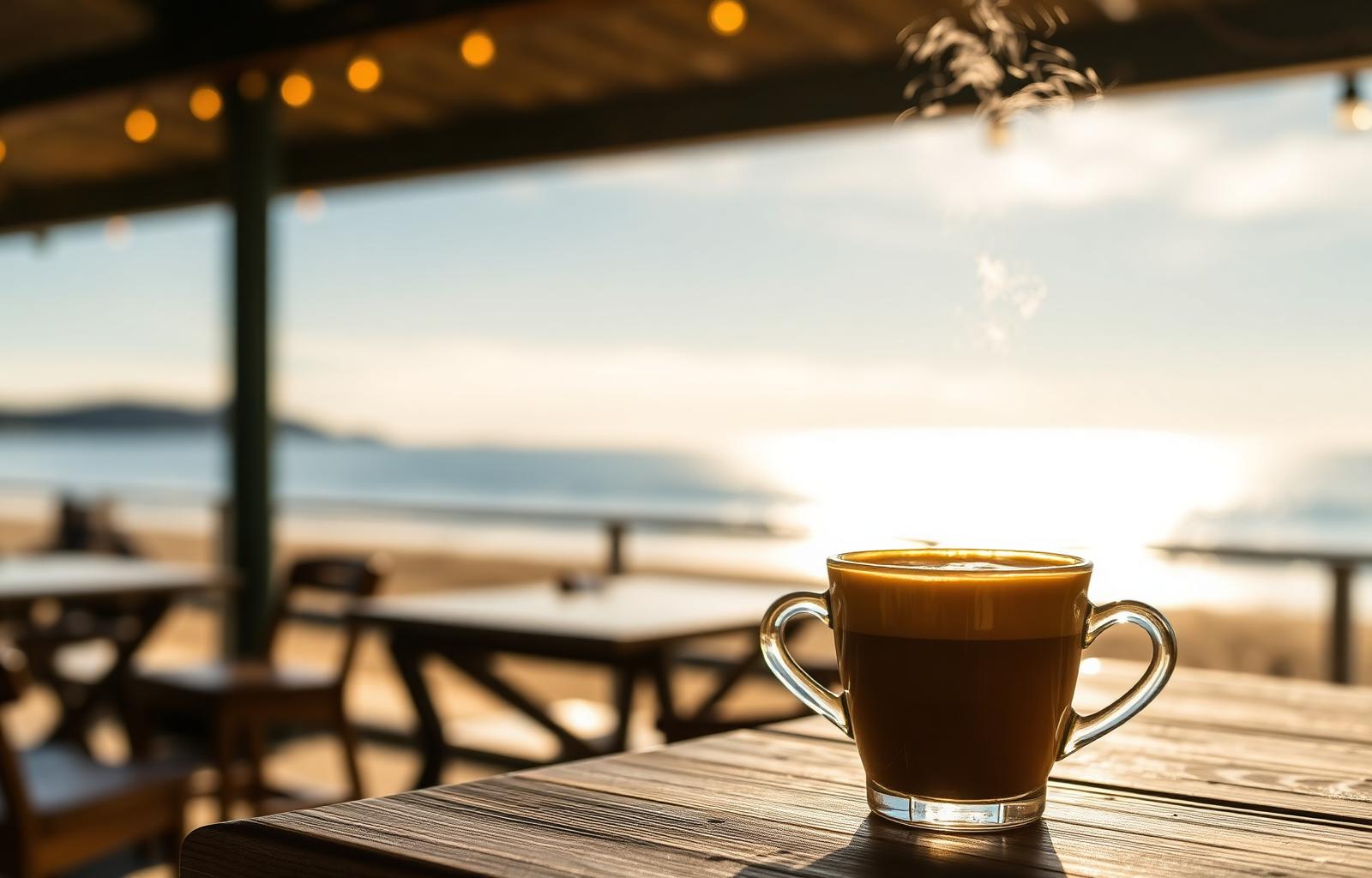 Cup of coffee on a wooden table overlooking Gordon's Bay beach